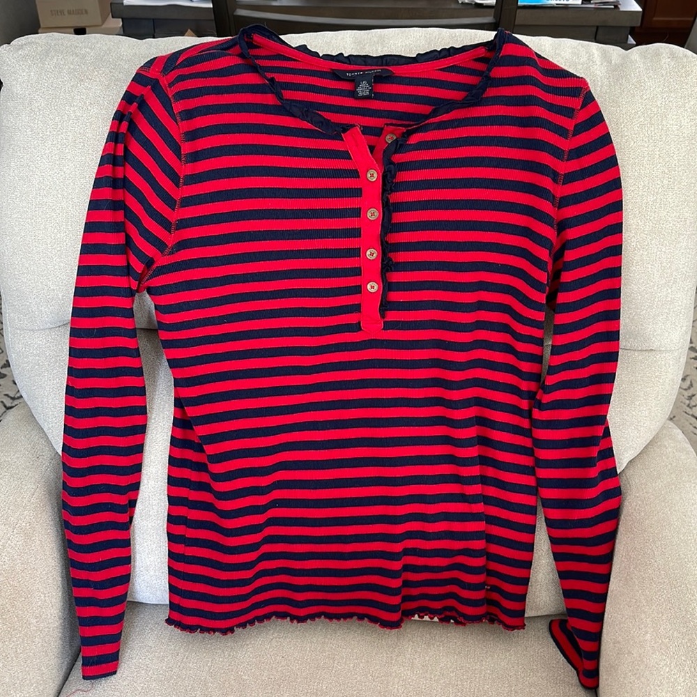Size large Tommy Hilfiger navy blue and red striped long sleeve top